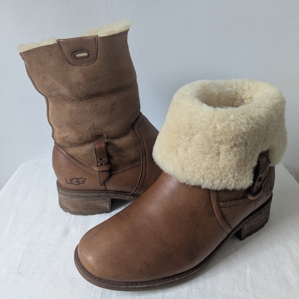 UGG Chyler Brown Leather Shearling Cuff Winter Boots Size 7 Water Resistant